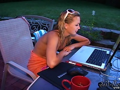 19yo Blonde Slut Chatting On The Computer While Her Tits Are Out